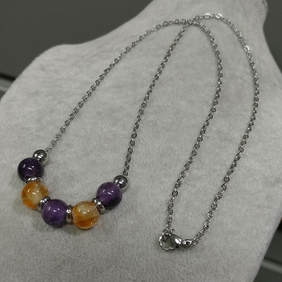 Citrine Amethyst Bead Necklace Natural Gemstone Crystal Stainless-Steel Chain - Picture 10 of 11